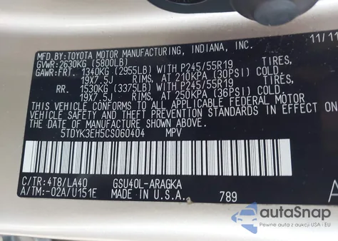 2012 Toyota Highlander Limited V6 from USA, damaged, VIN 5TDYK3EH5CS060404